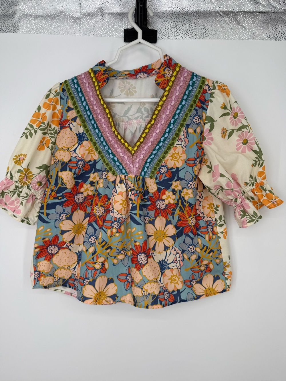 Floral Boho Patchwork V-Neck Women’s Top in Blue and Cream Small